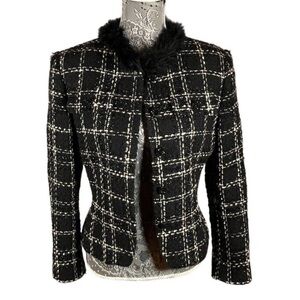 Vintage Albert Nipon Blazer Shiny Thread Tweed Fur Collar Black White Sz 8